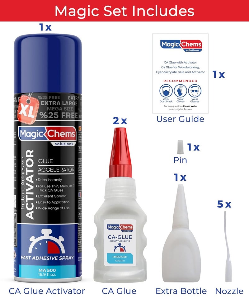 Magic Chems CA Glue with Activator (2 x 3.5 oz + 16.9 fl oz), Cyanoacrylate Glue and Activator, Super Glue withActivator, CAGlue and Accelerator (1 Pack) - Image 2
